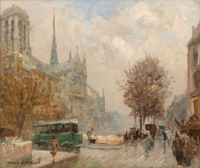 peinture représentant une scène de rue avec un bus et une calèche