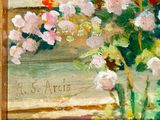 a painting of flowers in a vase on a window sill