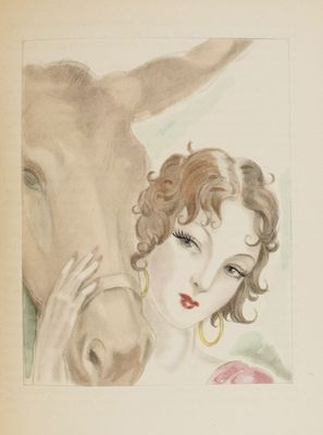 painting of a woman and a donkey by a woman in a pink dress