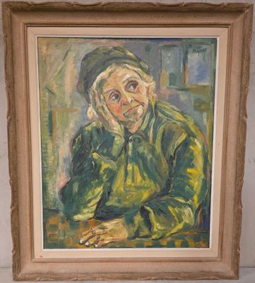 une peinture à l'huile représentant une femme assise à une table, les mains posées sur les genoux