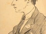 drawing of a man in a suit and tie with a bird on his shoulder
