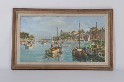 une peinture représentant une scène portuaire avec des bateaux dans l'eau