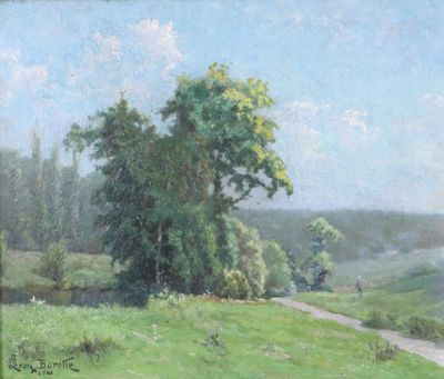 painting of a green field with a path and a tree in the distance