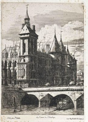 drawing of a large building with a clock tower on top of it
