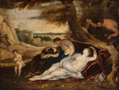 an image of a painting of a woman laying on the ground with other people