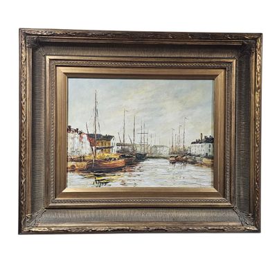 an oil painting of a harbor scene with boats in the water