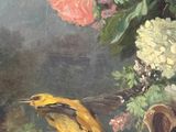 a painting of flowers and a bird in a vase