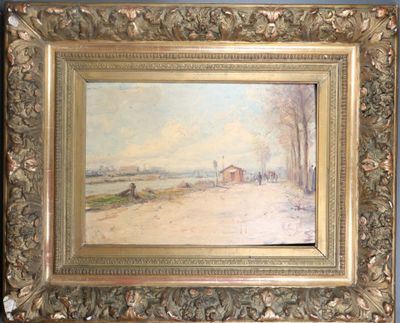 an image of a painting of a snowy landscape with a house in the distance
