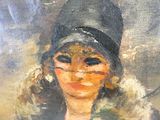an oil painting of a woman wearing a hat with a cat ' s face painted on it