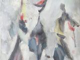 abstract painting of two figures in a white room with a red cross painted on the wall