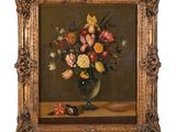 painting of a vase of flowers on a table in a gold frame