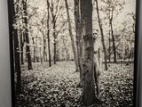 a black and white photo of a naked woman leaning against a tree
