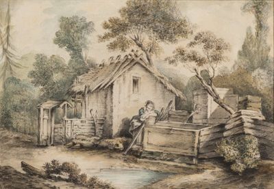 painting of a man and a woman in front of a house by a stream