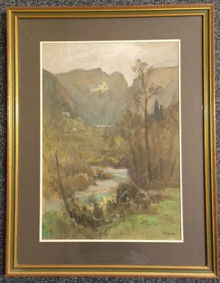 une image représentant un tableau représentant un paysage de montagne avec une rivière