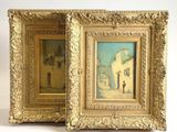 two framed paintings of a man and a woman standing in front of a building