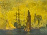 a painting of a group of sailboats in the water