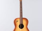 a close up of a guitar on a white background