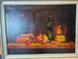 une peinture représentant une nature morte avec des fruits et une bouteille de vin