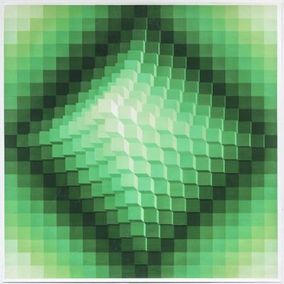 an image of a green and black abstract painting with squares