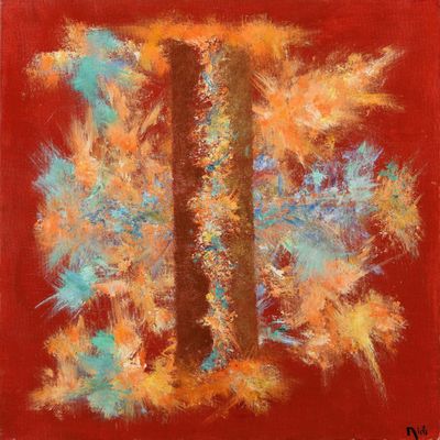 a painting of a tree with a red background and blue and orange leaves