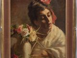 an image of a painting of a woman with flowers in a vase