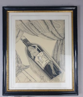 a drawing of a bottle of wine in a picture frame