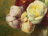 a painting of flowers in a vase on a table