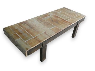 an image of a table made of wood and tile