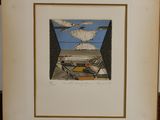 framed picture of a picture of a boat and a seagull in a window