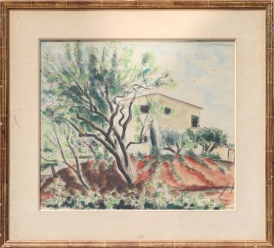 an image of a painting of a house and trees in a field