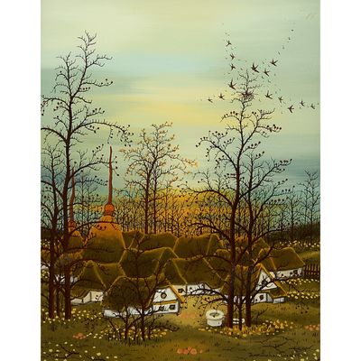 an image of a painting of a village in the middle of a field