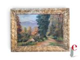 an oil painting of a dirt road in the woods with a mountain in the background