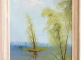 an oil painting of a pond and trees in a field