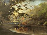 a painting of a river in the middle of a wooded area