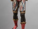 statue of a man holding a sword and a shield on a wooden base