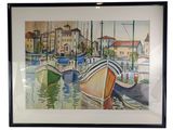 une image d'une peinture de bateaux dans un port