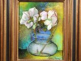 painting of flowers in a blue vase with a green background