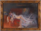 une peinture à l'huile représentant une femme allongée sur un canapé dans une pièce