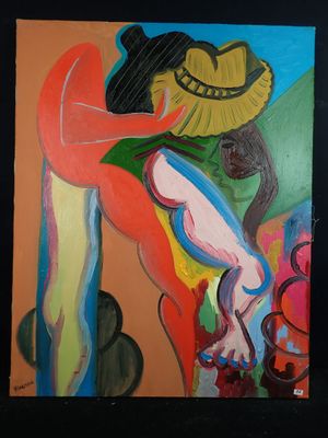 an image of a painting of a woman with a hat on