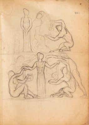 drawing of a group of people sitting around a table in a room
