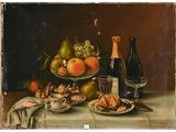 tableau représentant une nature morte avec des fruits et du vin sur une table