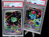 deux cartes à collectionner Pokémon dans des pochettes en plastique, sur fond noir