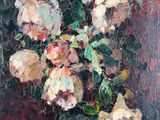 painting of roses in a vase on a red table cloth
