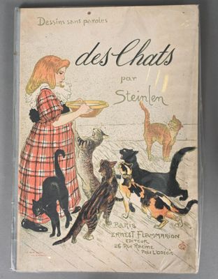 an old book with a picture of a girl feeding cats