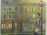 an oil painting of a man walking down a street next to a lamp post