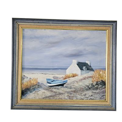 painting of a boat on a beach with a house in the background
