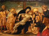 an image of a painting of jesus on the cross being carried by a group of people