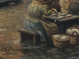 a painting of two women sitting at a table with bread