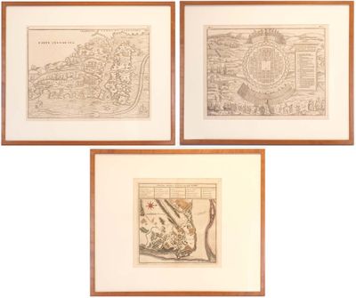 three framed maps of a city and a town in a wood frame