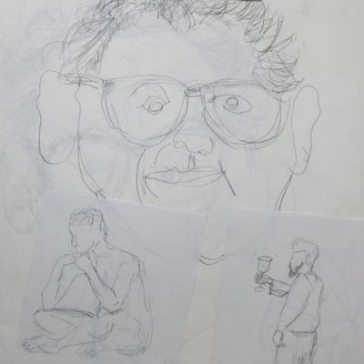 quelques dessins représentant un homme à lunettes avec une cigarette